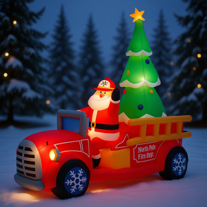 Père Noël gonflable conduisant un camion de pompiers avec un sapin de Noël, décoration de jardin extérieure, 7,5 pieds, éclairage LED, décoration de Noël - Product Image 2