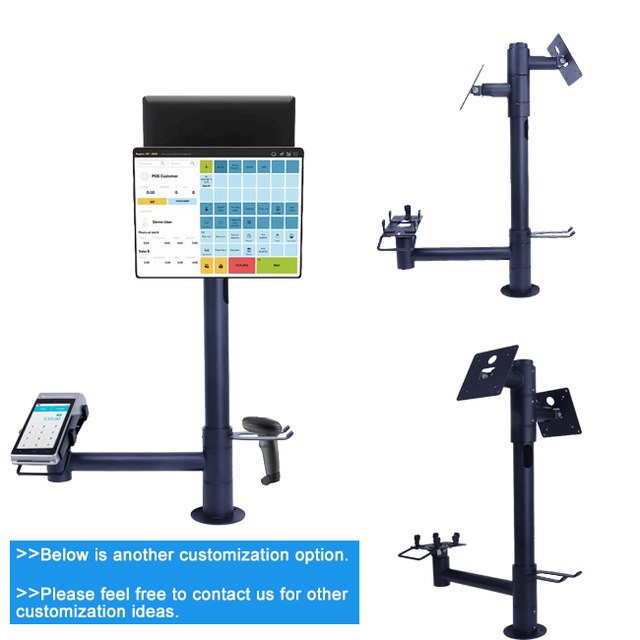 Custom Multiple Functional POS Stand for Screen POS Pole Mount for Card Reader Swivel Countertop Holder for Scanner VESA Mount
