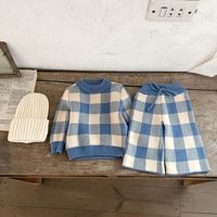 Ensemble de vêtements pour bébé en tricot à carreaux d'automne-hiver, pull décontracté neutre pour garçons et filles, pantalon, 2 pièces