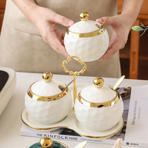 Ensemble de 3 pots à épices en céramique de style nordique, luxe, bord doré, rose, blanc, vert, avec plateau et cuillère - Product Image 4