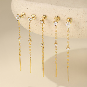 Boucle d'oreille chaîne filetée à dos plat en argent sterling S925, avec pampille dorée, cristal, griffe, fleur, trèfle, étoile, 1.2x6mm - Product Image 2