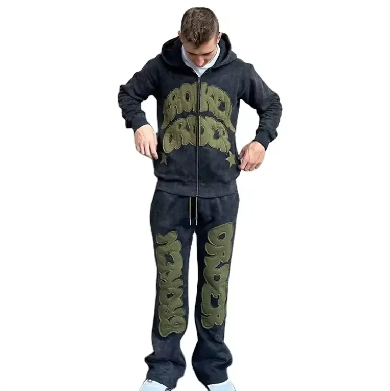 YC Venta al por mayor personalizado de peso pesado French Terry Men's Street Wear Sudadera con capucha Pantalones de chándal Conjunto de alta calidad Casual Trajes de chándal Bordado