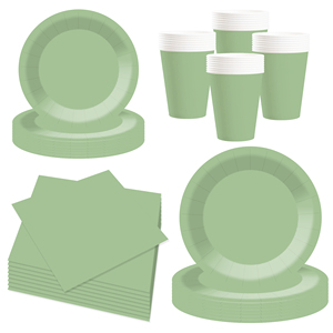 DAMAI Ensemble de vaisselle jetable en papier vert clair pour fêtes, assiettes de 7 et 9 pouces, gobelets en papier, serviettes - Product Image 3