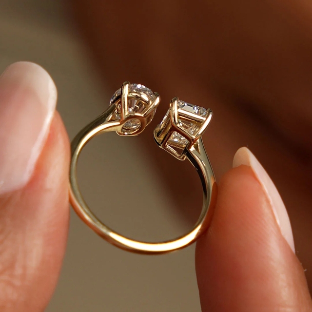 Toi Et Moi Two Stone Ring Oval & Emerald Cut Lab Grown Diamond Asymmetrical Design 18K Rose Gold