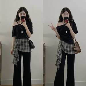 Korean Style Off Shoulder Two Piece Set Black Short Sleeve Plaid Splicing Summer Casual Women's Loose Fit Suit FQ 610 - Product Image 1