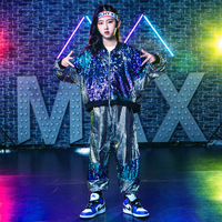 Costume de danse hip-hop pour enfants, bleu et violet, pailleté, tenue de scène de jazz, veste bomber brillante, ensemble de jogging