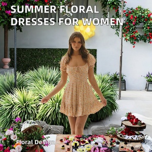 Vestidos Casuales de Verano para Mujer, Estampado Floral, Ecológicos, de Spandex/Poliéster, Cintura Natural, Cuello Redondo, Manga Corta, Plisados - Product Image 3
