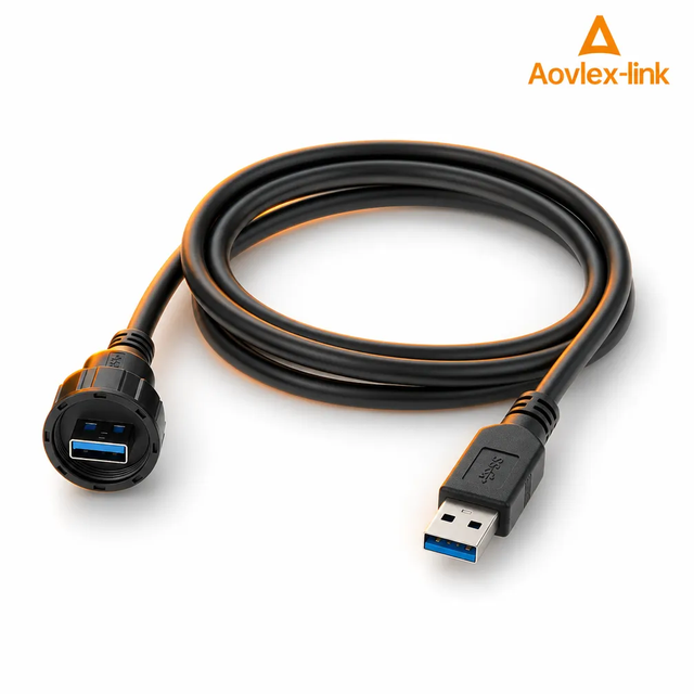 IP67 Waterproof USB3.0 Type A Male to Male Bulkhead Extension Cable EMI Shielded Screw Lock for Industrial Cabinet Equipment