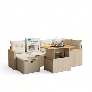 Beige Pe <b>Rattan</b> Garden <b>Sofa</b> Set With Adjustable Armrests 6 Seater Outdoor Furniture Contemporary Style Garden Set - Product Image 1