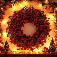 Karangan Bunga Dekoratif Premium dengan Buah Holly untuk Dekorasi Natal Pintu Depan Dalam & Luar Ruangan, Tahan Lama