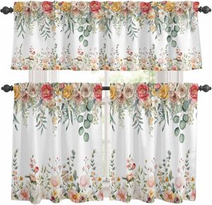 Ensemble de rideaux et cantonnières de cuisine à motifs floraux printaniers, style ferme, feuilles d'eucalyptus, rideaux de fenêtre à volants, 3 pièces - Product Image 1