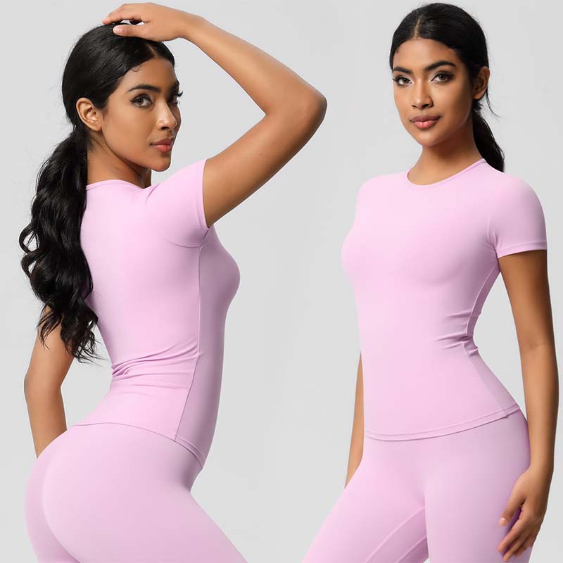 Solid Pattern Short Sleeve Active Female High Stretch Quick Drying Running Breathable Outdoor Gym Crop Shirt