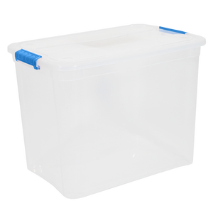 Caja de Almacenamiento Sólida Plus de 67 L, de Plástico con Cierres Azules para Estantes de Garaje - Product Image 1