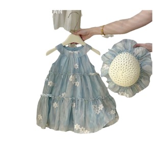 Girls Summer Dress Set Blue Floral Print Tiered Sleeveless High Waist Breathable Toddler Clothing Size 13 - Product Image 1