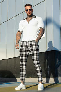 US Warehouse <span class=keywords><strong>Pantalon</strong></span> <span class=keywords><strong>chino</strong></span> slim stretch décontracté à carreaux noir et blanc pour hommes - Product Image 2