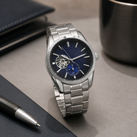 Reloj Mecánico de Negocios para Hombre de Primera Calidad, Resistente al Agua hasta 10 m, Caja de Aleación, Correa de Acero Inoxidable, Esfera con Indicadores, Cierre Oculto