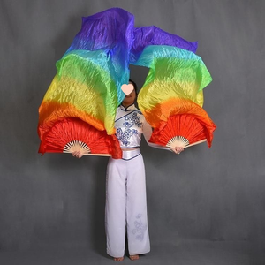 พัดเต้นรำไหมคุณภาพสูงสีรุ้ง พัดยาวสำหรับการเต้นรำ 100% โพลีเอสเตอร์ สำหรับฝึกซ้อมและการแสดงบนเวที พัดเต้นรำไม้ไผ่ 13 ซี่ - Product Image 3