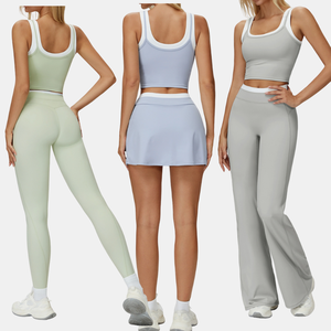 Ensemble de cinq pièces pour femmes, haut sans manches rembourré à blocs de couleur, jupe trapèze, shorts, leggings slim, pantalon large, yoga - Product Image 4