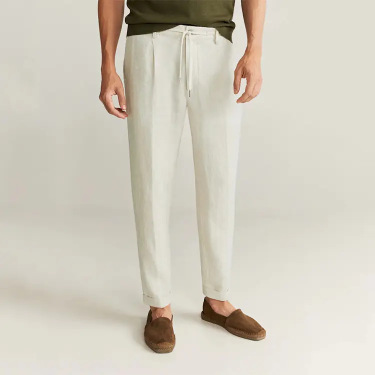 Beige pleated 100% linen trousers types of pant for men