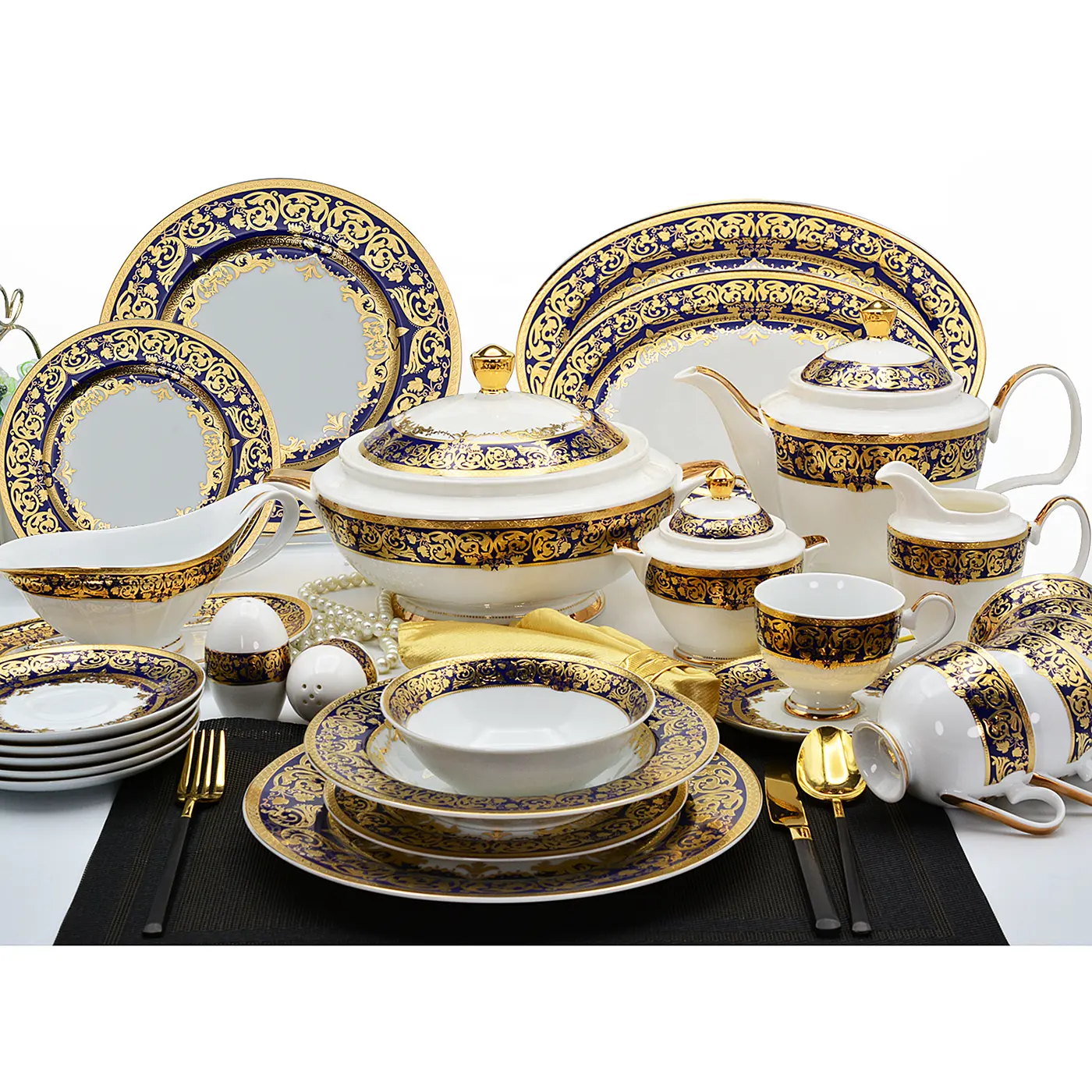 Ensemble de dîner en porcelaine de luxe 98 pièces pour 12 ensembles de vaisselle en céramique en or en relief