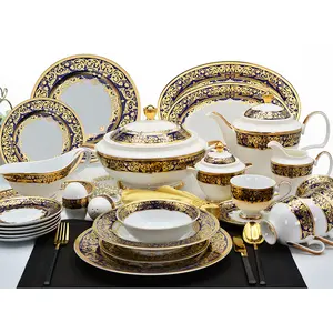 De china de hueso de la cena 98pcs 12 en relieve oro conjunto de cena de cerámica vajilla juegos