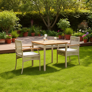 Set da Pranzo da Giardino in Rattan PE Beige per 2 Persone, Arredamento da Esterno Resistente alle Intemperie, Design Contemporaneo con Piano in Teak - Product Image 2