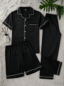 Conjunto de Pijama de Tres Piezas para <span class=keywords><strong>Hombre</strong></span>, Satinado, Suave, Transpirable, Color Sólido, Cuello Solapa, Cómodo, Venta al Por Mayor de Fábrica - Product Image 5
