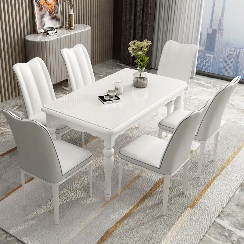 Household Dining Table with Glass Top Birch Tempered Glass Nordic Solid White Pure White Different Sizes Home Furniture Modern