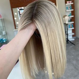 Perruque frontale en dentelle transparente 13*6 légère, cheveux russes raides <span class=keywords><strong>blond</strong></span> cendré avec racines foncées, densité 180%, 16 pouces, vente chaude - Product Image 1