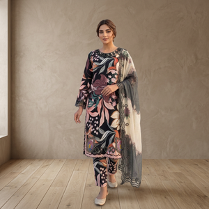 Conjunto de 3 Piezas de Moda, Kurta y Pantalón Recto de Secado Rápido con Estampado Floral Digital Negro, Estilo Informal Indio Pakistaní para Fiestas - Product Image 1