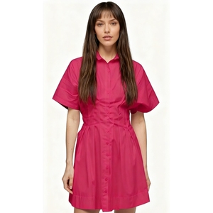 เดรสเชิ้ตผู้หญิงแขนสั้นลายทางติดกระดุมจีบแฟชั่น - Product Image 3