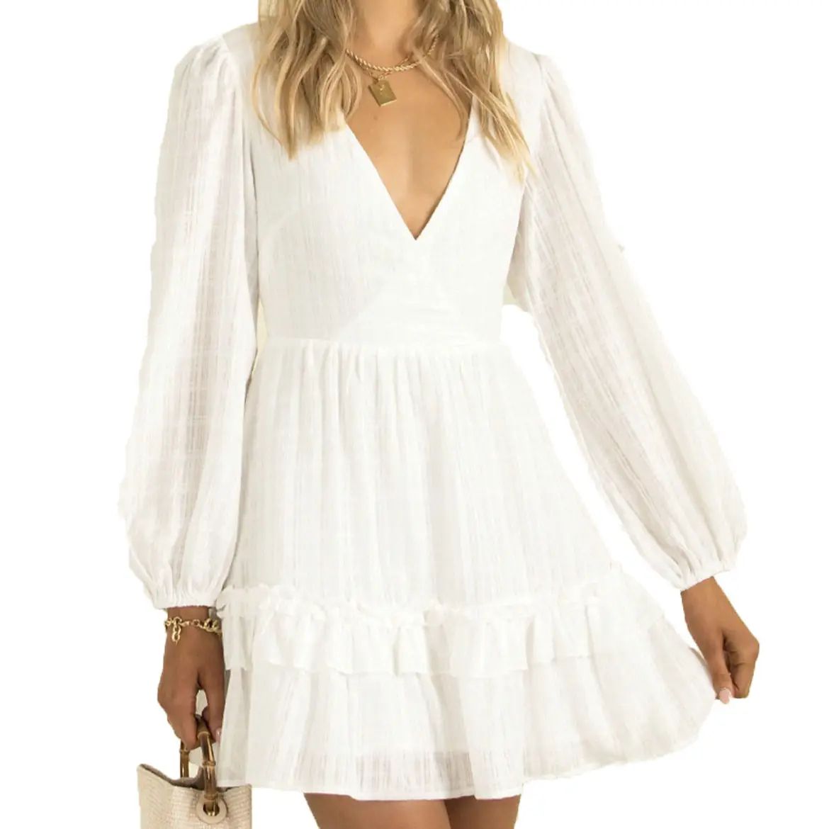 Custom White V Neck Elegant Casual Dress For Women Sexy Long Sleeve Backless Summer Ruffle Mini Dressed