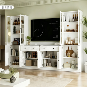 Mobile <span class=keywords><strong>TV</strong></span> moderno bianco a parete intera, ecologico, con <span class=keywords><strong>libreria</strong></span> alta in vetro abbinata e ante chiuse - Product Image 4