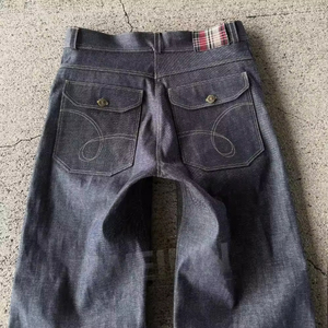 Muli Plaid personalizzati da tasca in tessuto di salvataggio rosso impilato Streetwear Vintage Bootcut svasato pantaloni giapponesi grezzi cimosa <span class=keywords><strong>jeans</strong></span> <span class=keywords><strong>jeans</strong></span> da uomo - Product Image 3