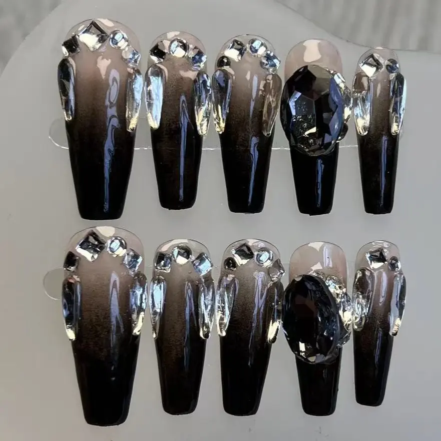 卸売宝石ラインストーンダイヤモンドフルカバーグラデーションブラック棺スクエアロングプレス韓国ネイルチップサロンデコレーション