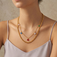 Collier superposé en acier inoxydable avec breloques zircon colorées de forme carrée, bijoux de mode haut de gamme pour femmes, vente en gros TGXL15387