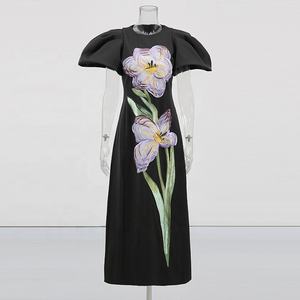 Robe longue décontractée pour femme OUDINA, nouvelle robe à col rond, manches bouffantes, élégante, brodée de fleurs - Product Image 2
