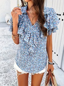Nueva Blusa Estampada para Mujer Estilo Europeo Americano, Elegante con Volantes, Manga Corta, Moda Casual para el Día a Día - Product Image 6