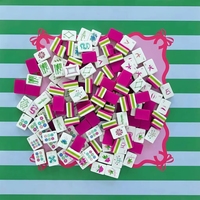Fichas de Mahjong de Lujo Grabadas de 4 Capas, Acrílicas, 32mm, 160 Piezas, Magenta y Verde, con Tapete con Rayas para Eventos Preppy