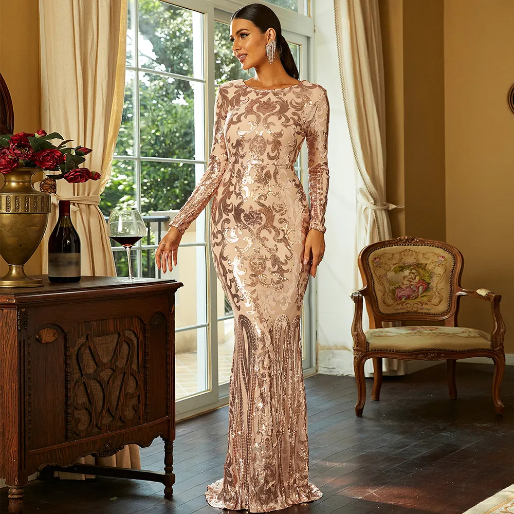 2023 bán buôn dài tay áo vàng prom Dresses Sequins maxi Evening Dresses phụ nữ