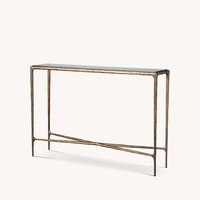 Table console élégante et moderne avec plateau en verre, cadre en métal forgé à la main bronze antique, traverse en X pour entrée, ancrage domestique, personnalisable OEM
