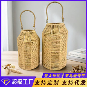Hand Woven Portable Lampshade Imitation Rattan Cylindrical E27 Solar <b>Lighting</b> Tea Room <b>Decorative</b> Pendant Light - Product Image 5