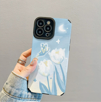 Coque de téléphone portable en cuir artificiel TPU avec impression de fleurs de tulipes et de papillons pour iPhone X Xr 11 12 13 14 15 16 17 18 Pro Max