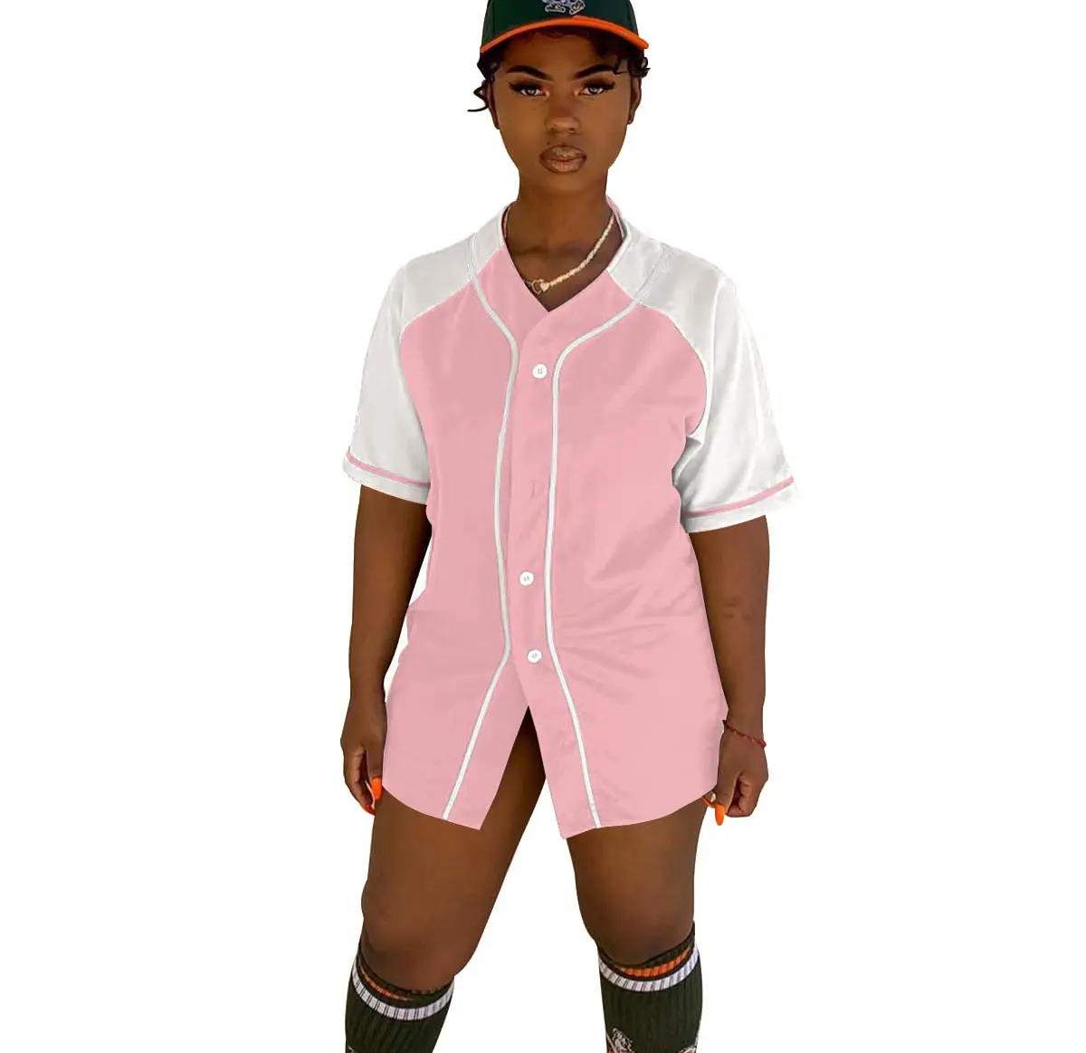 여성 캐주얼 스포츠 야구 저지 반팔 특대 티셔츠 버튼 다운 셔츠 여름 상의 패션 스트리트웨어