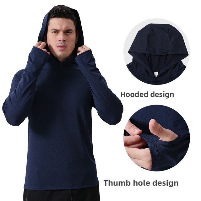 Mens Hooded Sport Jersey Polyester Solid Color Thin-layered Sportswear Top Outdoor Breathable High-stretch Fitness T-shirts