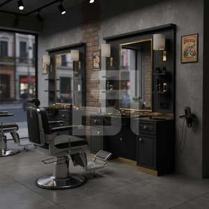 Muebles de Salón de Barbería Comerciales de Lujo Modernos, Madera Negra y Dorada, Barbería de Alta Calidad, Turquía - Product Image 3