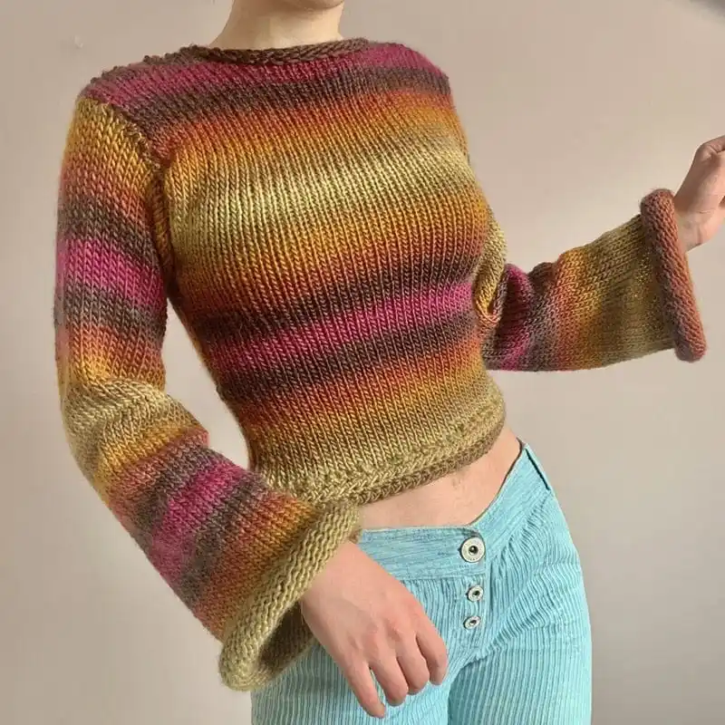 Damen Rainbow Rolled Sweater Y2k Langarm Vintage Cropped Tie Dye Strick pullover Tops Rippens trick pullover 90er Jahre Streetwear