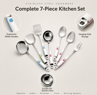 Ensemble d'ustensiles de cuisine en acier inoxydable 201, 7 pièces, manche blanc, design pomme, spatule de cuisson, louche à soupe, fourchette à viande, cuillères de service