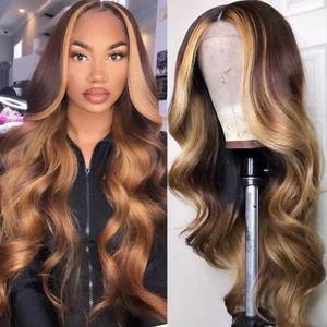 Perruque en <span class=keywords><strong>cheveux</strong></span> vierges avec dentelle frontale HD 13x4, densité 180%, mèches colorées, couleur brun ombré blond miel, perruque humaine pour femmes noires - Product Image 4