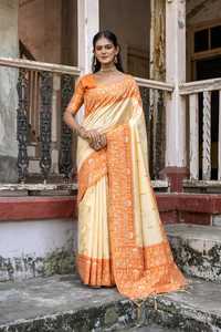 Suave Banglori Handloom seda cruda sari con diseño tradicional Warli tejido Pallu boda Sari mujeres nupcial Sari para venta al por mayor - Product Image 4